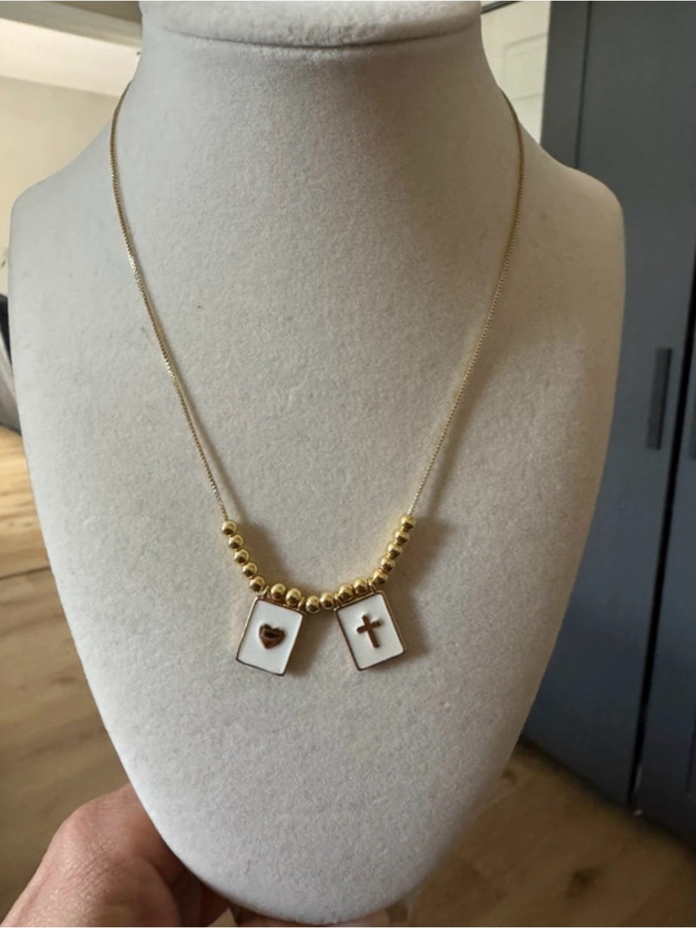 Gold Pendant Necklace with White Enamel Charms by